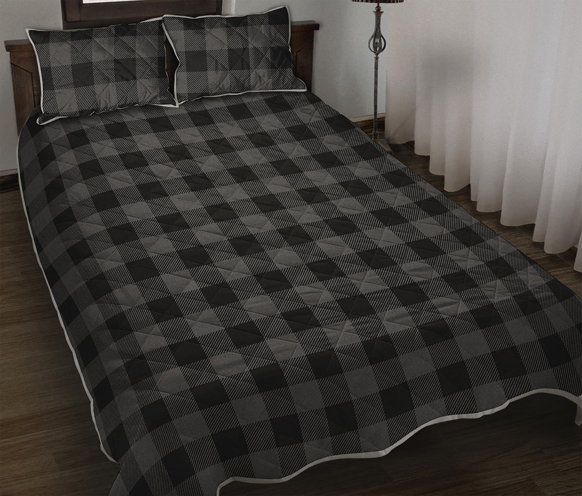 Dark Grey And Black Buffalo Check Print Quilt Bed Set