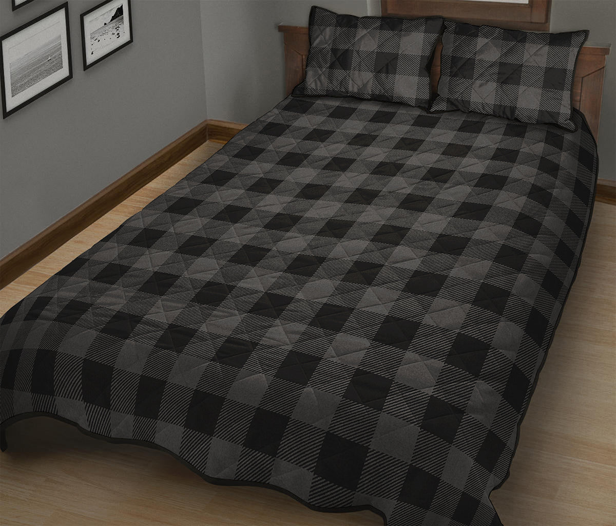 Dark Grey And Black Buffalo Check Print Quilt Bed Set
