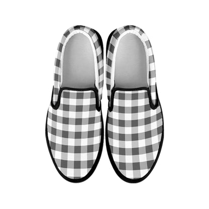 Dark Grey And White Gingham Print Black Slip On Shoes