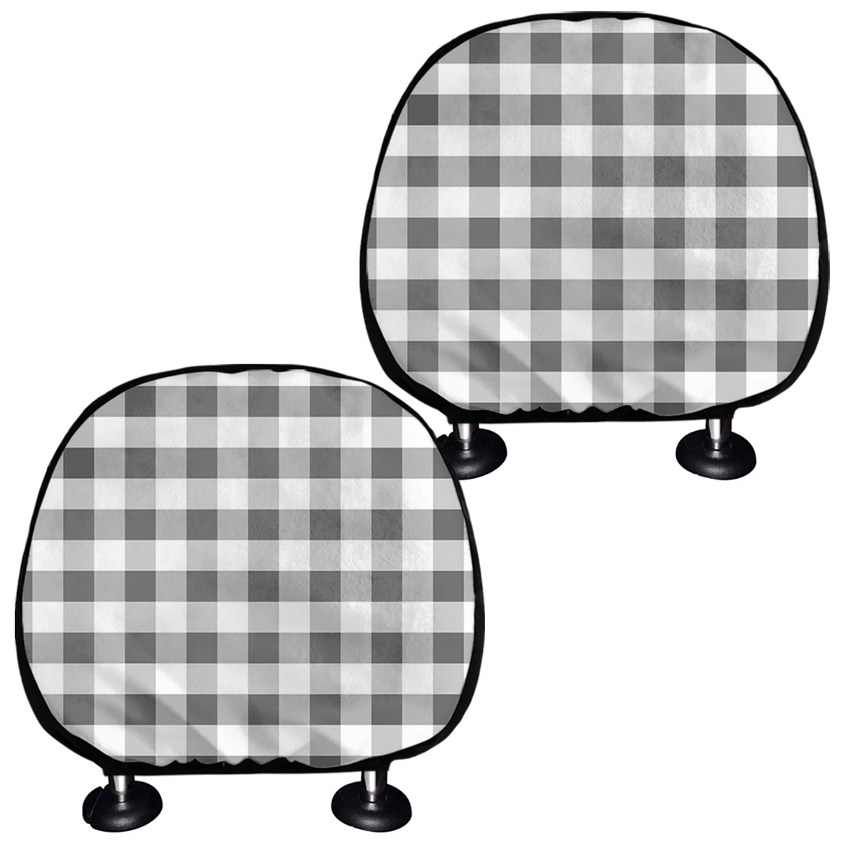 Dark Grey And White Gingham Print Car Headrest Covers