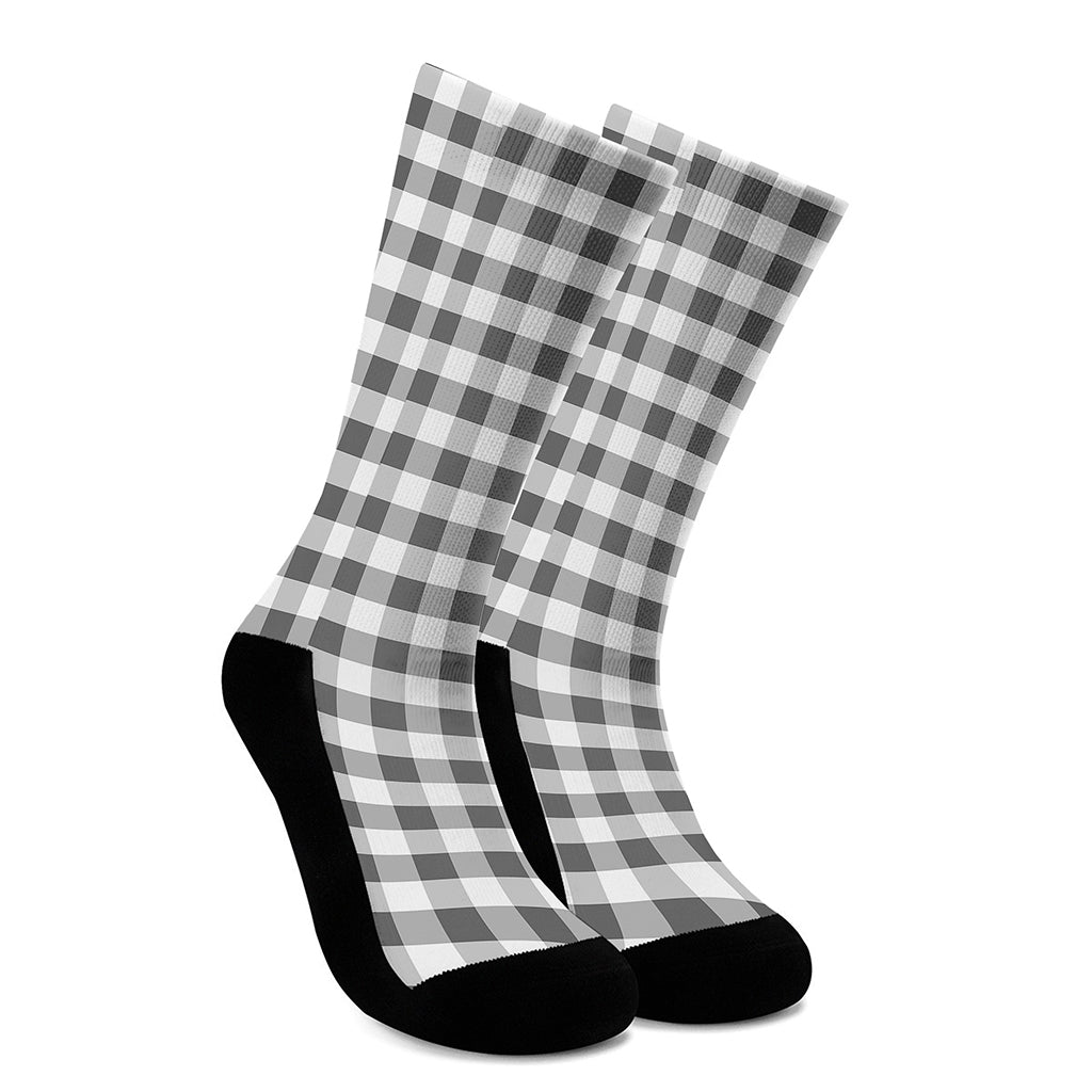 Dark Grey And White Gingham Print Crew Socks