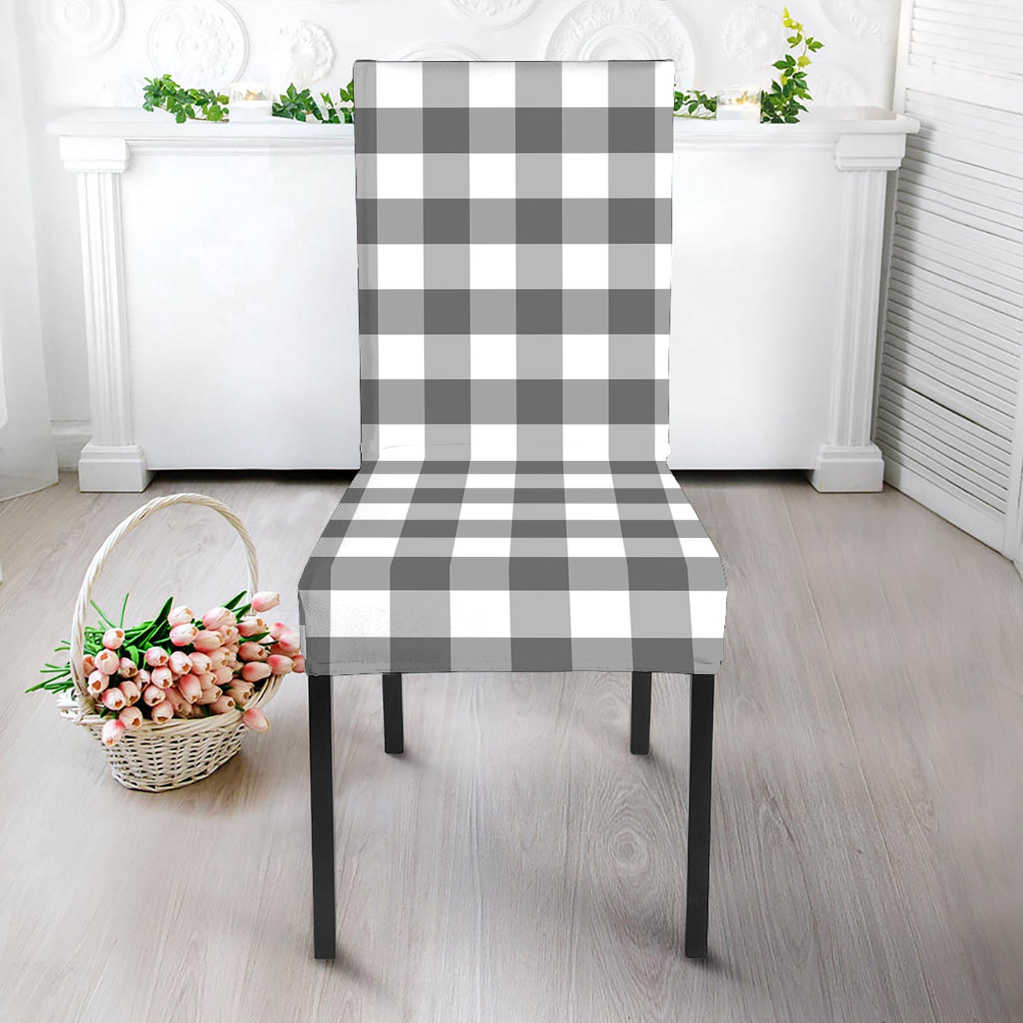Dark Grey And White Gingham Print Dining Chair Slipcover