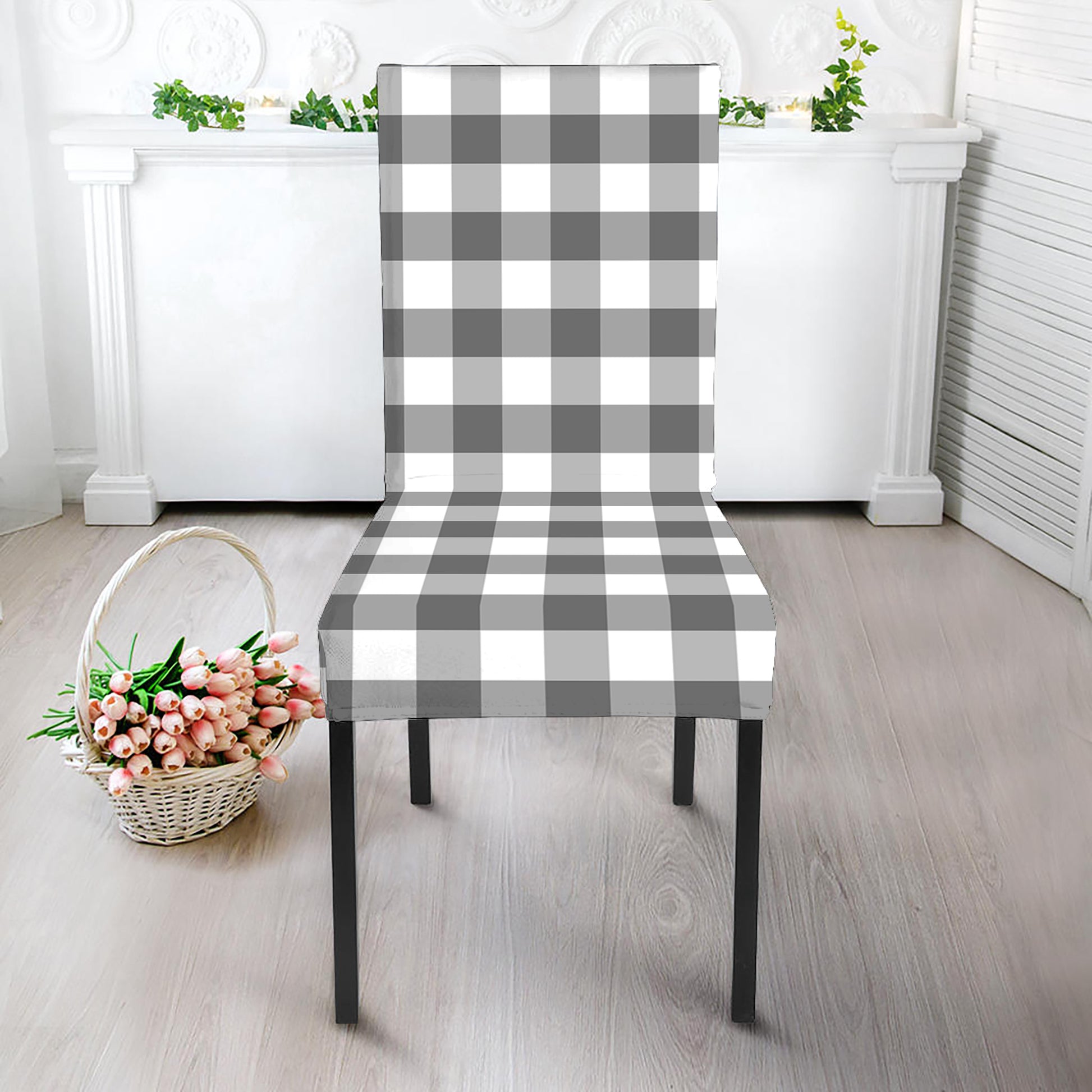 Dark Grey And White Gingham Print Dining Chair Slipcover