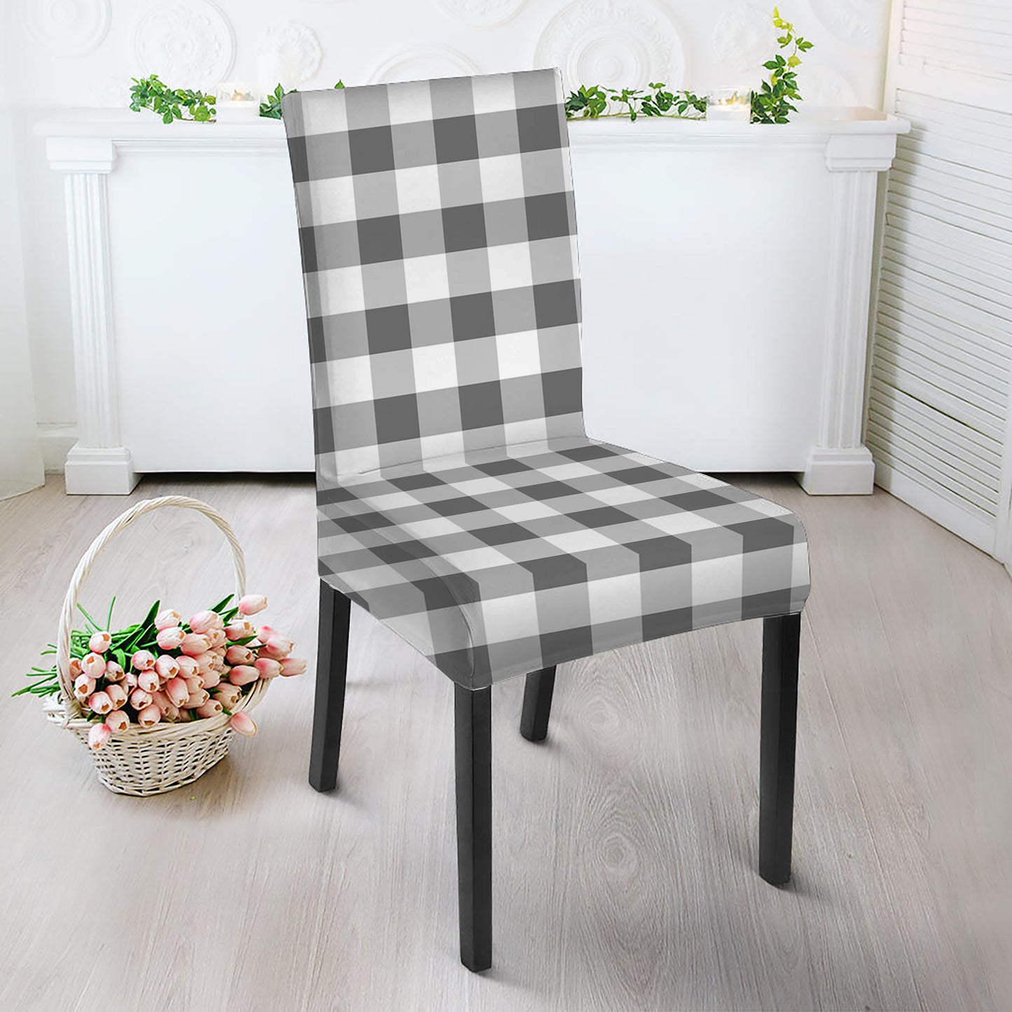 Dark Grey And White Gingham Print Dining Chair Slipcover