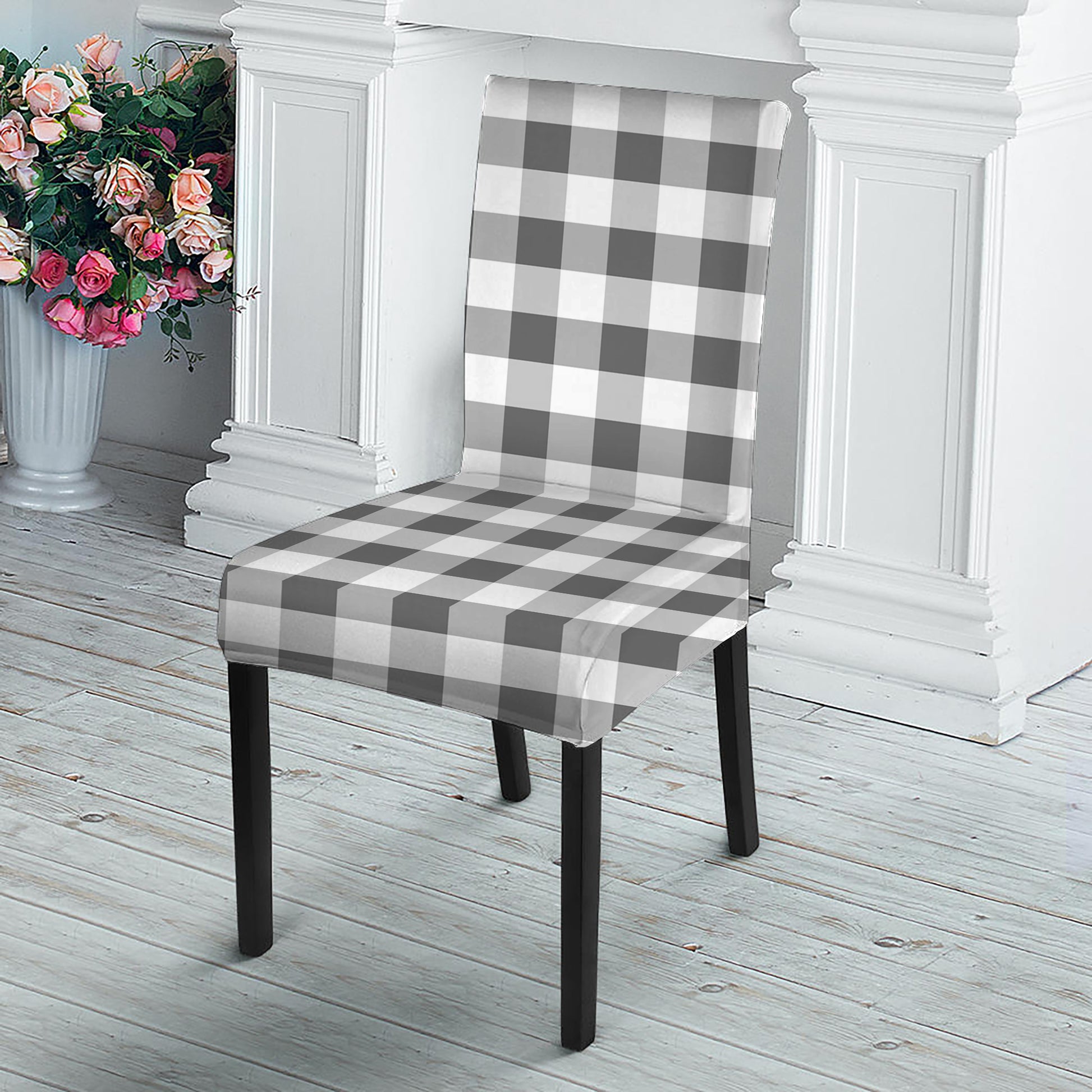 Dark Grey And White Gingham Print Dining Chair Slipcover