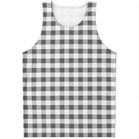 Dark Grey And White Gingham Print Men's Tank Top