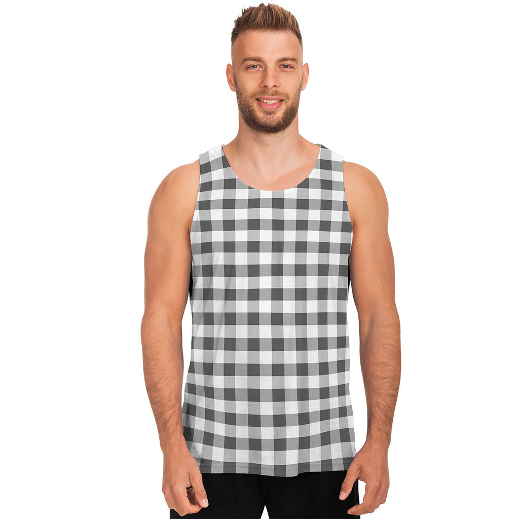 Dark Grey And White Gingham Print Men's Tank Top