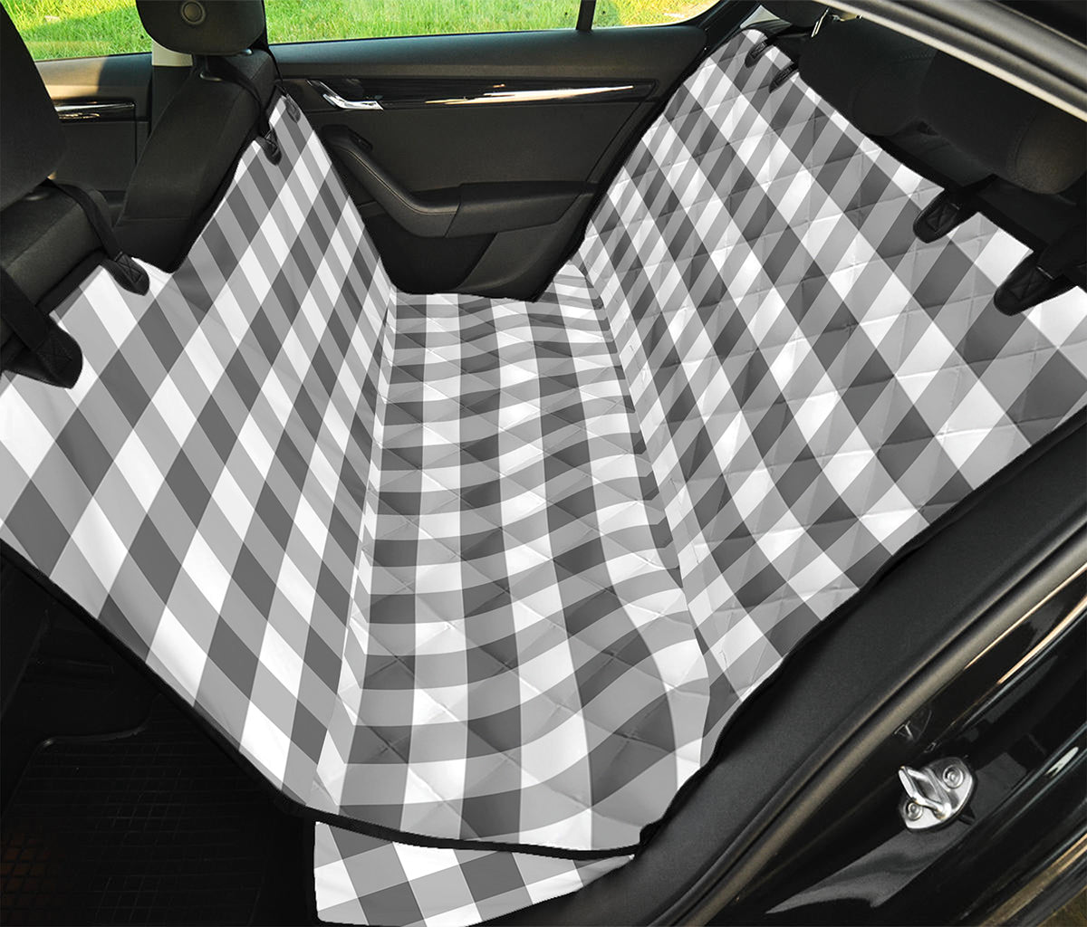 Dark Grey And White Gingham Print Pet Car Back Seat Cover