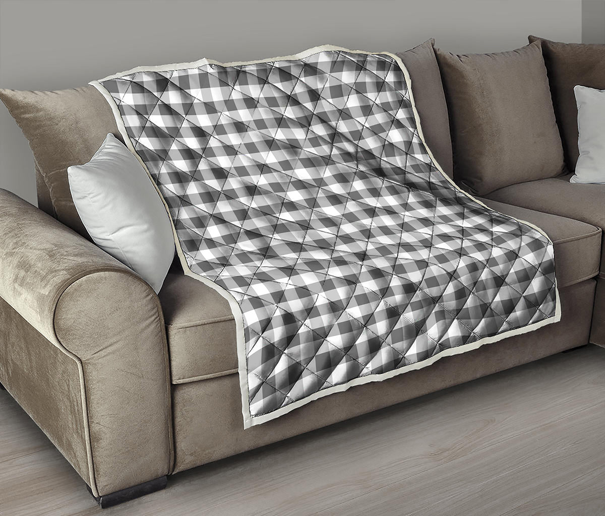 Dark Grey And White Gingham Print Quilt