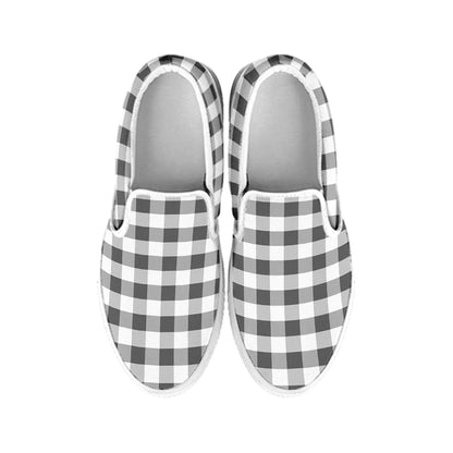 Dark Grey And White Gingham Print White Slip On Shoes