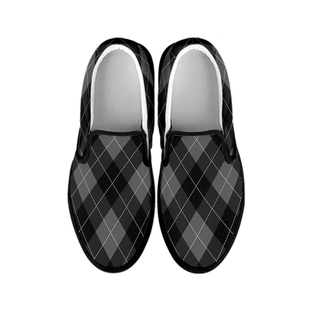 Dark Grey Argyle Pattern Print Black Slip On Shoes