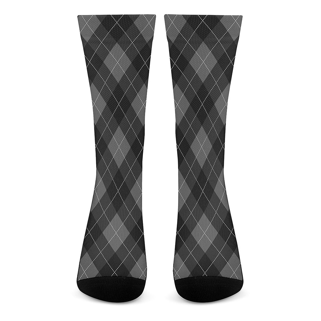 Dark Grey Argyle Pattern Print Crew Socks