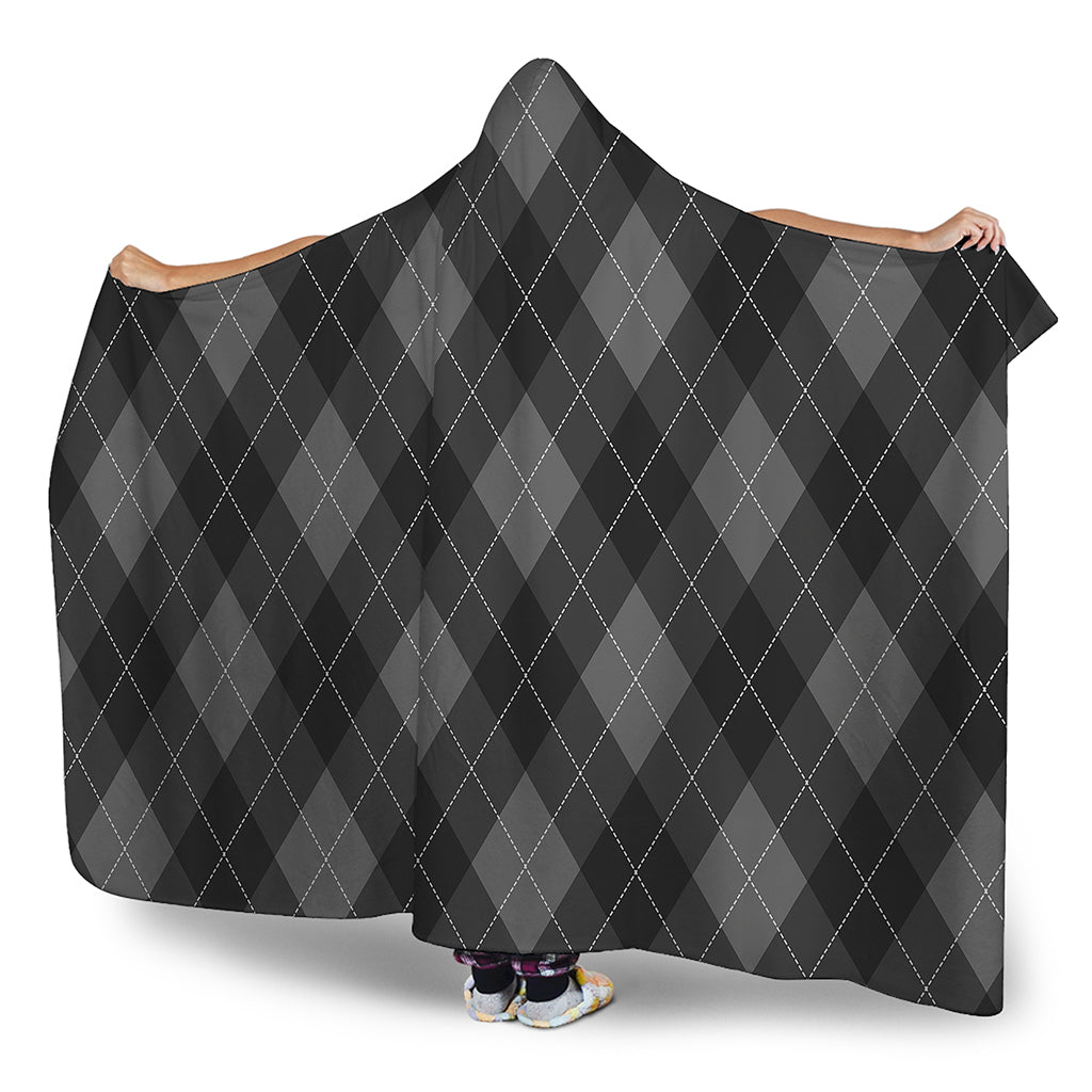 Dark Grey Argyle Pattern Print Hooded Blanket