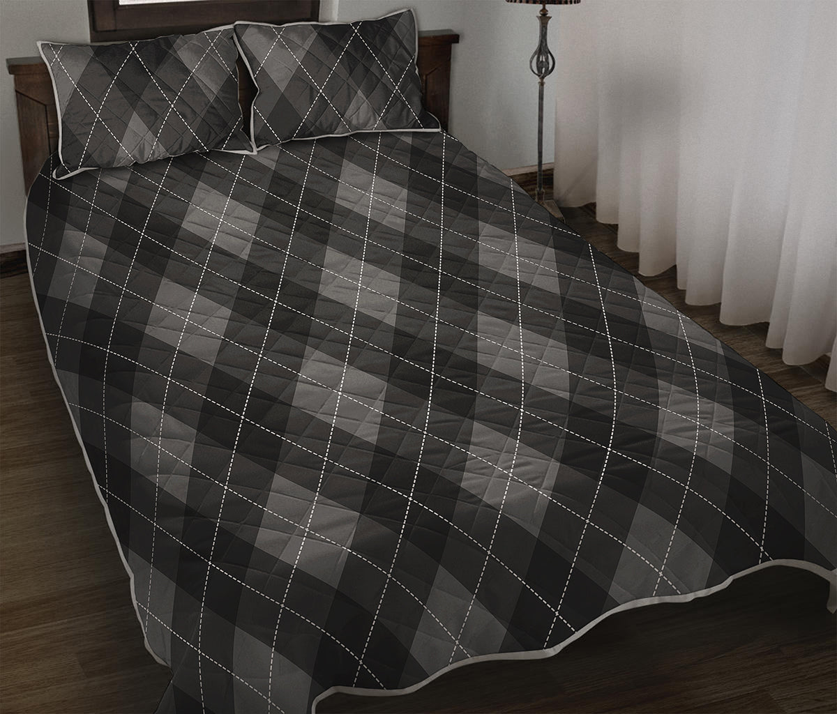 Dark Grey Argyle Pattern Print Quilt Bed Set