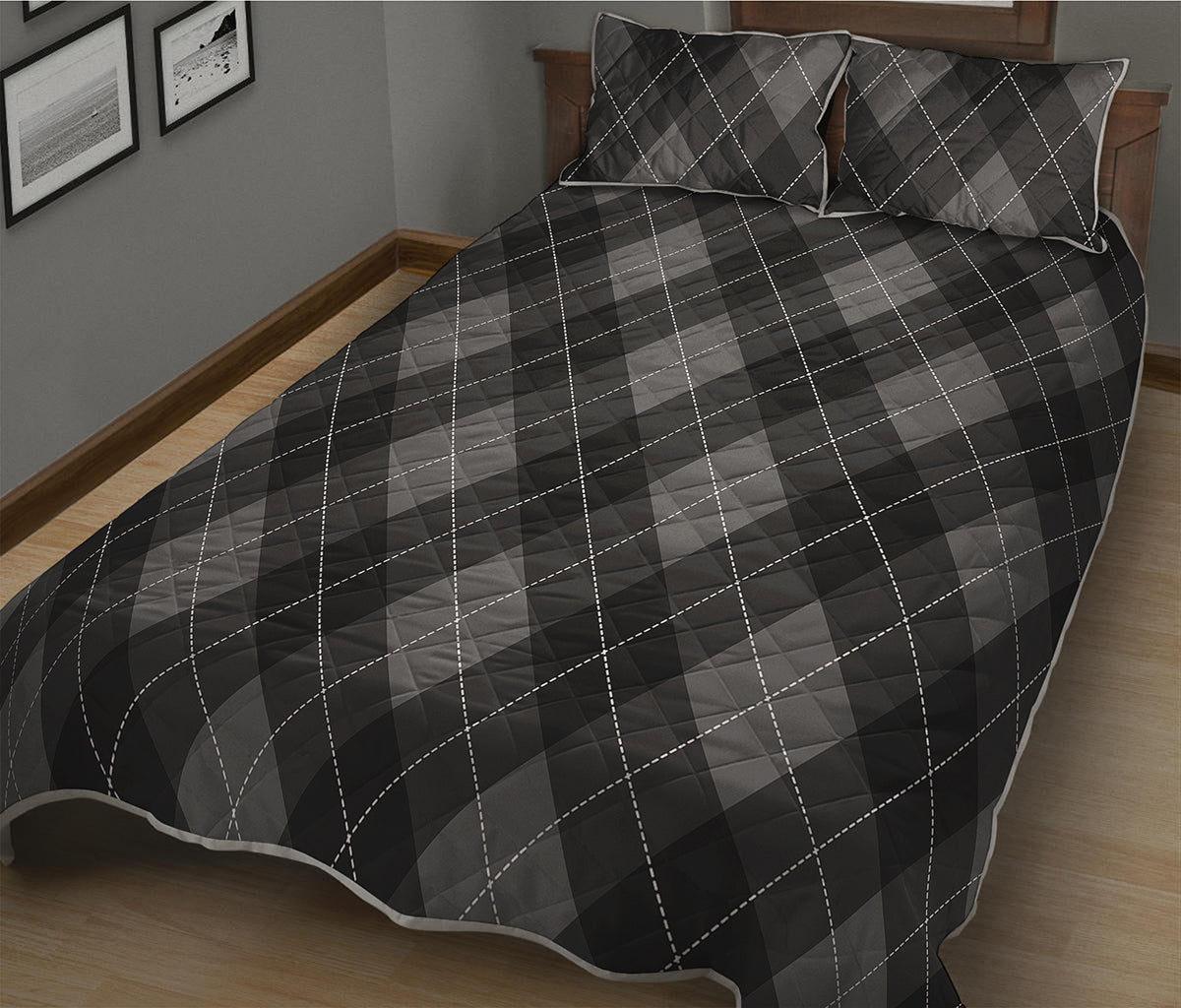 Dark Grey Argyle Pattern Print Quilt Bed Set