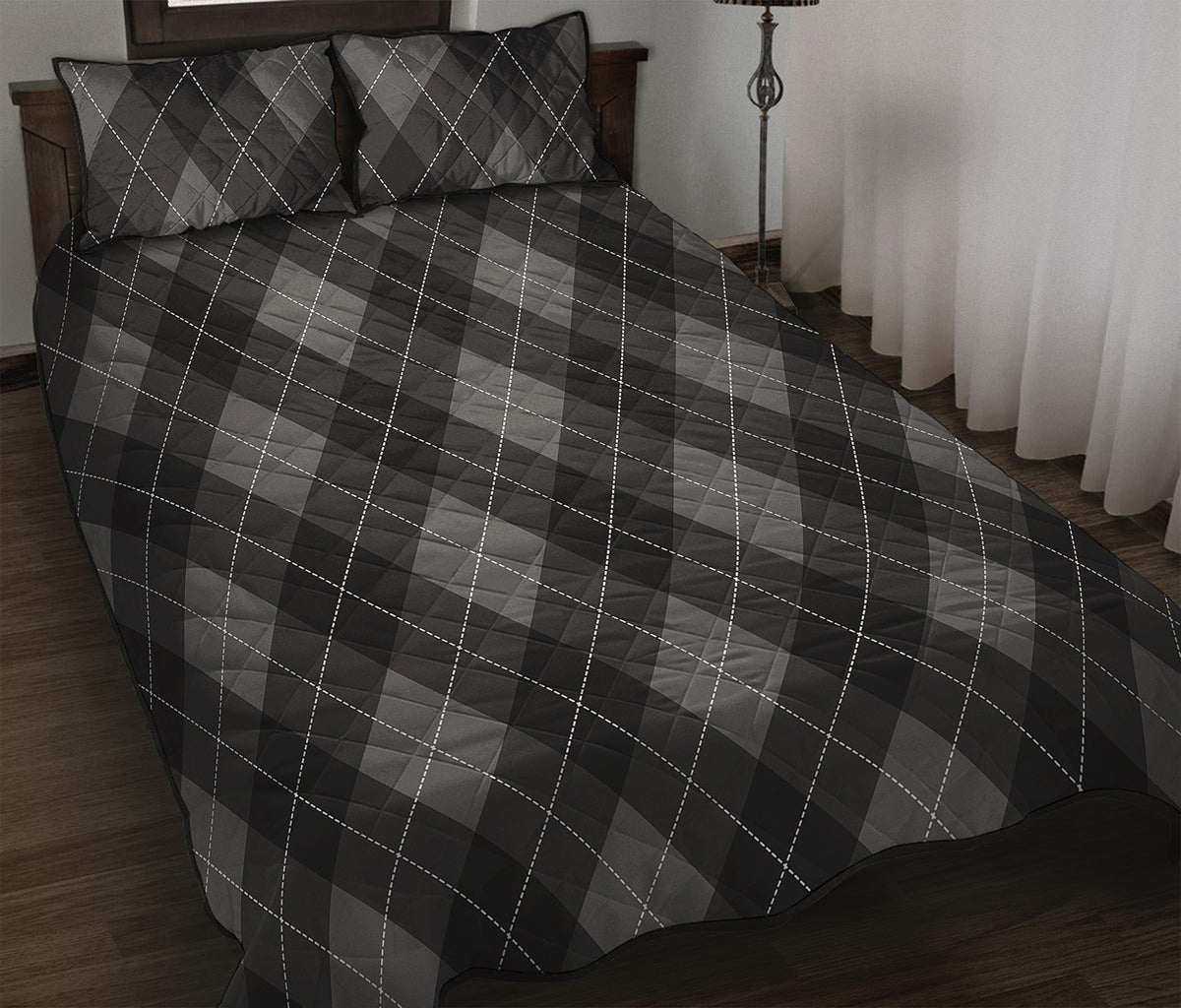Dark Grey Argyle Pattern Print Quilt Bed Set