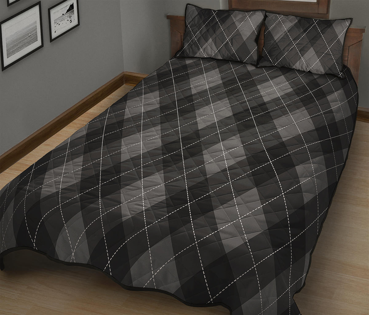 Dark Grey Argyle Pattern Print Quilt Bed Set