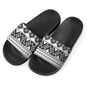 Dark Grey Aztec Pattern Print Black Slide Sandals