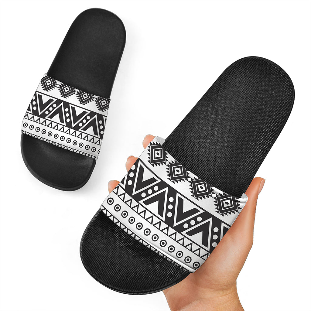 Dark Grey Aztec Pattern Print Black Slide Sandals