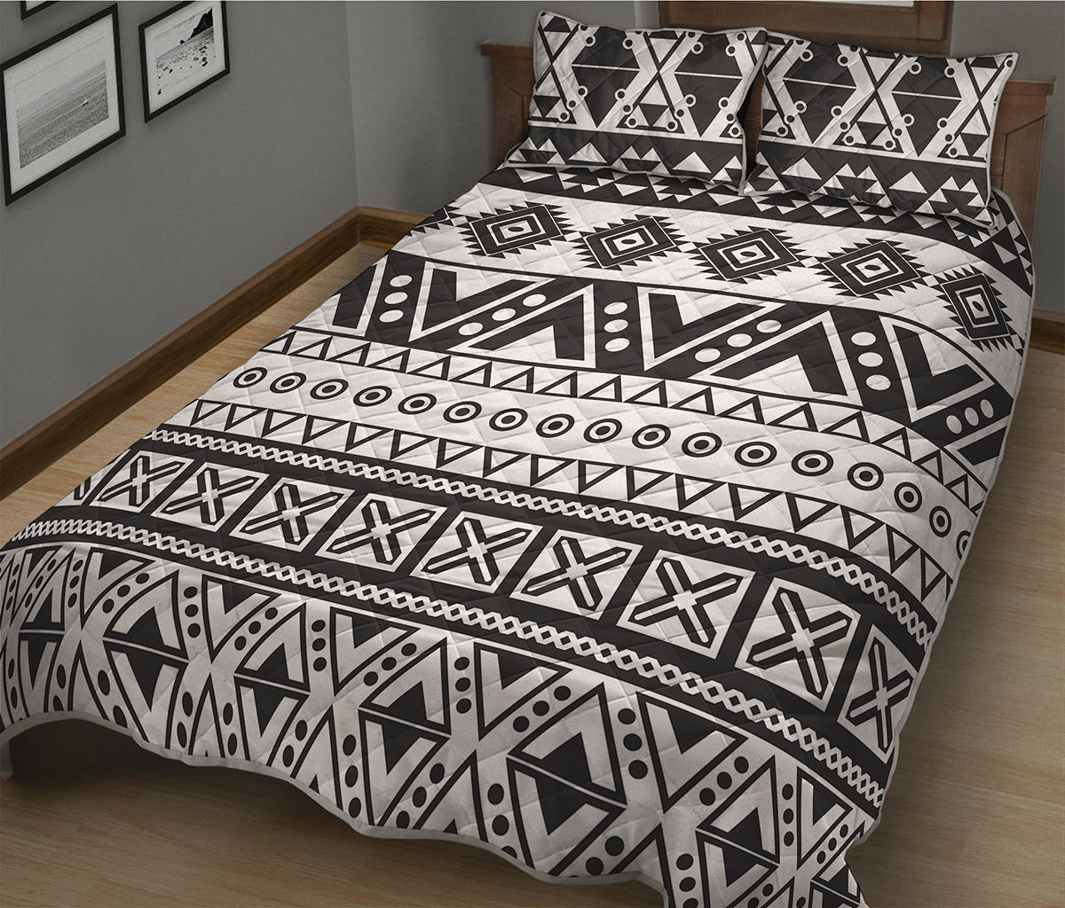 Dark Grey Aztec Pattern Print Quilt Bed Set