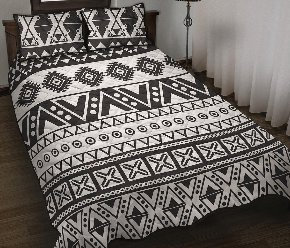 Dark Grey Aztec Pattern Print Quilt Bed Set
