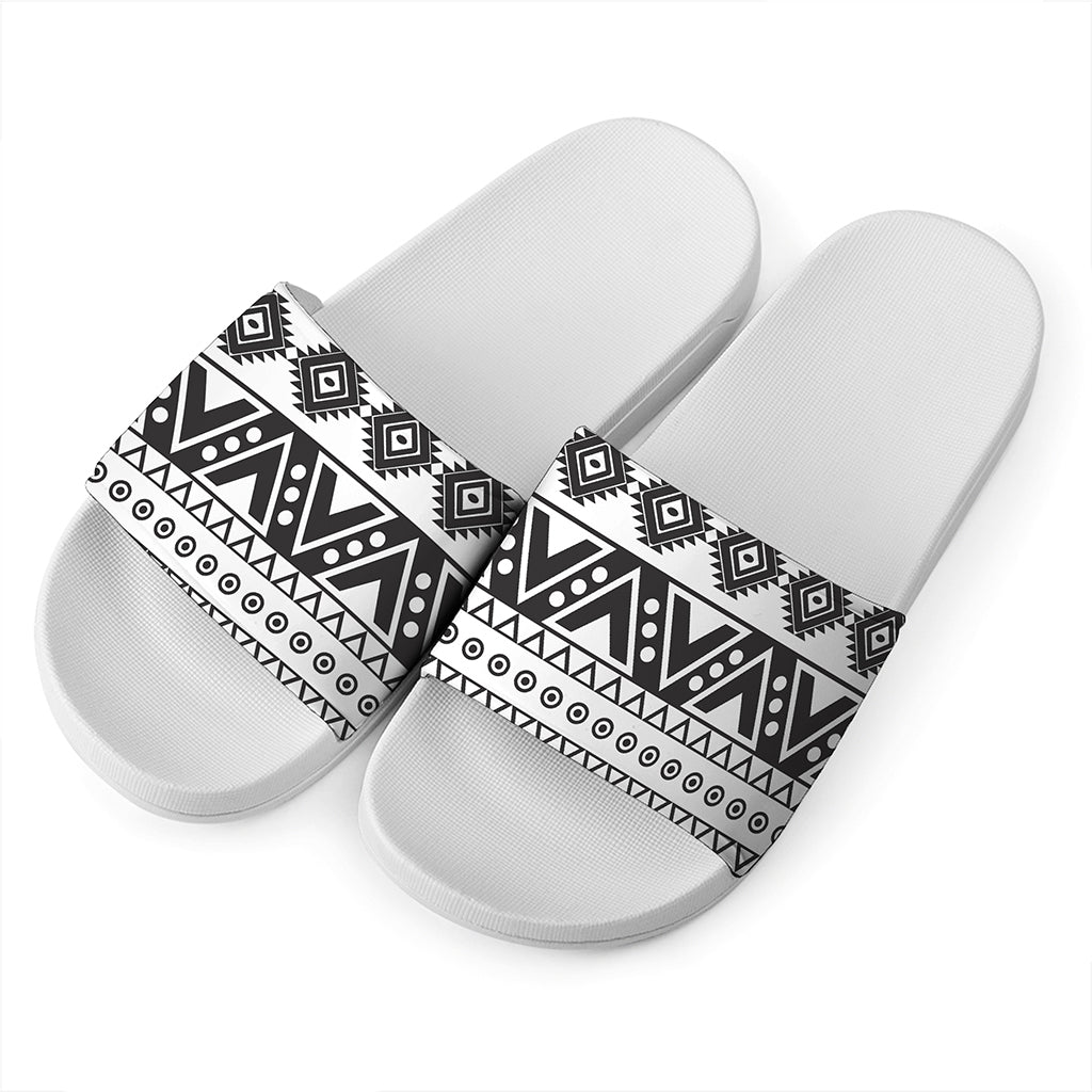 Dark Grey Aztec Pattern Print White Slide Sandals