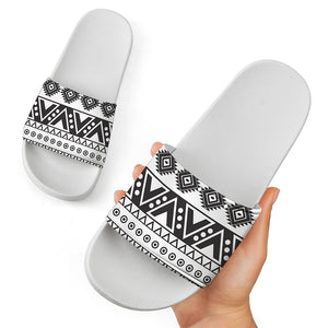 Dark Grey Aztec Pattern Print White Slide Sandals