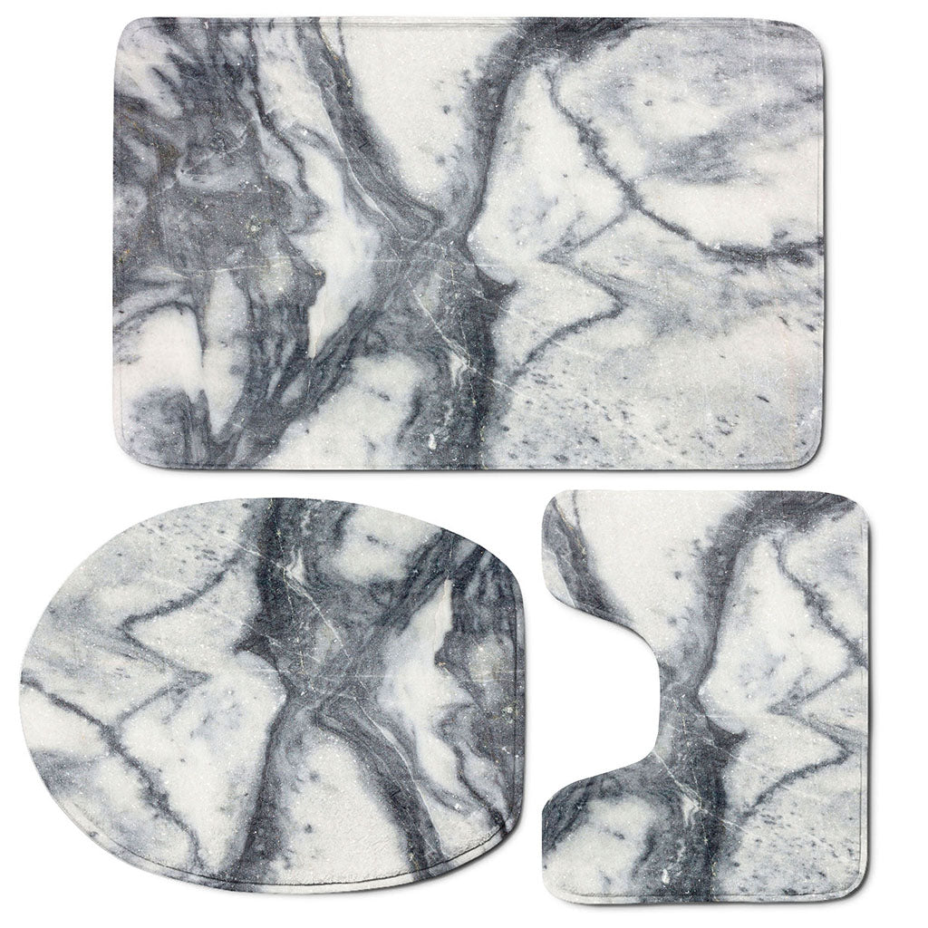 Dark Grey White Marble Print 3 Piece Bath Mat Set