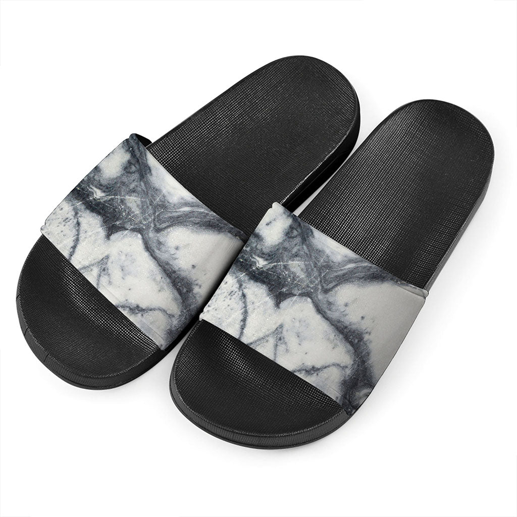 Dark Grey White Marble Print Black Slide Sandals