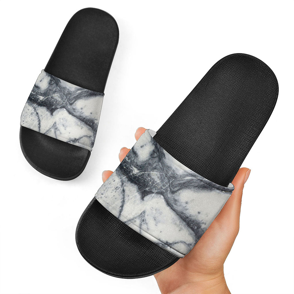 Dark Grey White Marble Print Black Slide Sandals