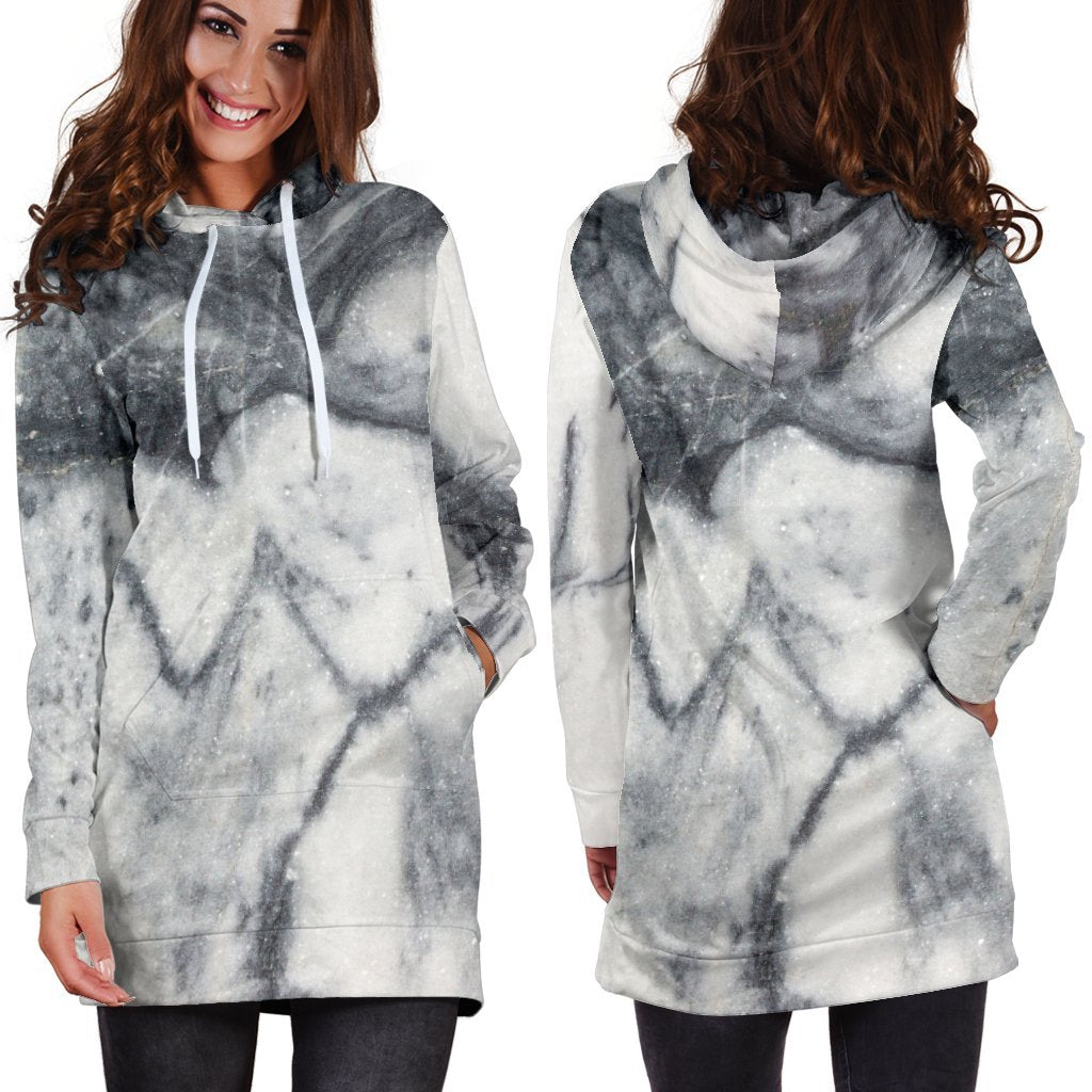 Dark Grey White Marble Print Hoodie Dress GearFrost