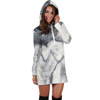Dark Grey White Marble Print Hoodie Dress GearFrost