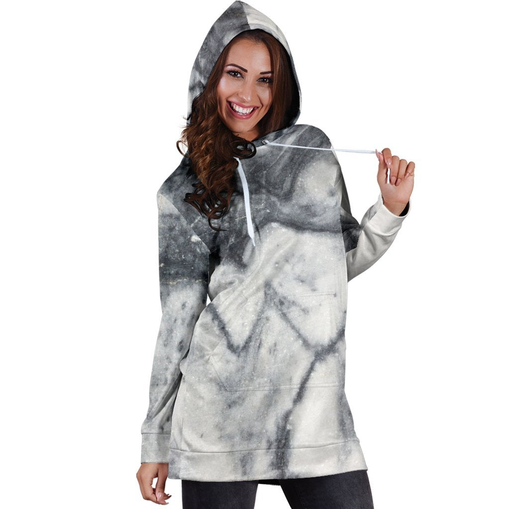Dark Grey White Marble Print Hoodie Dress GearFrost