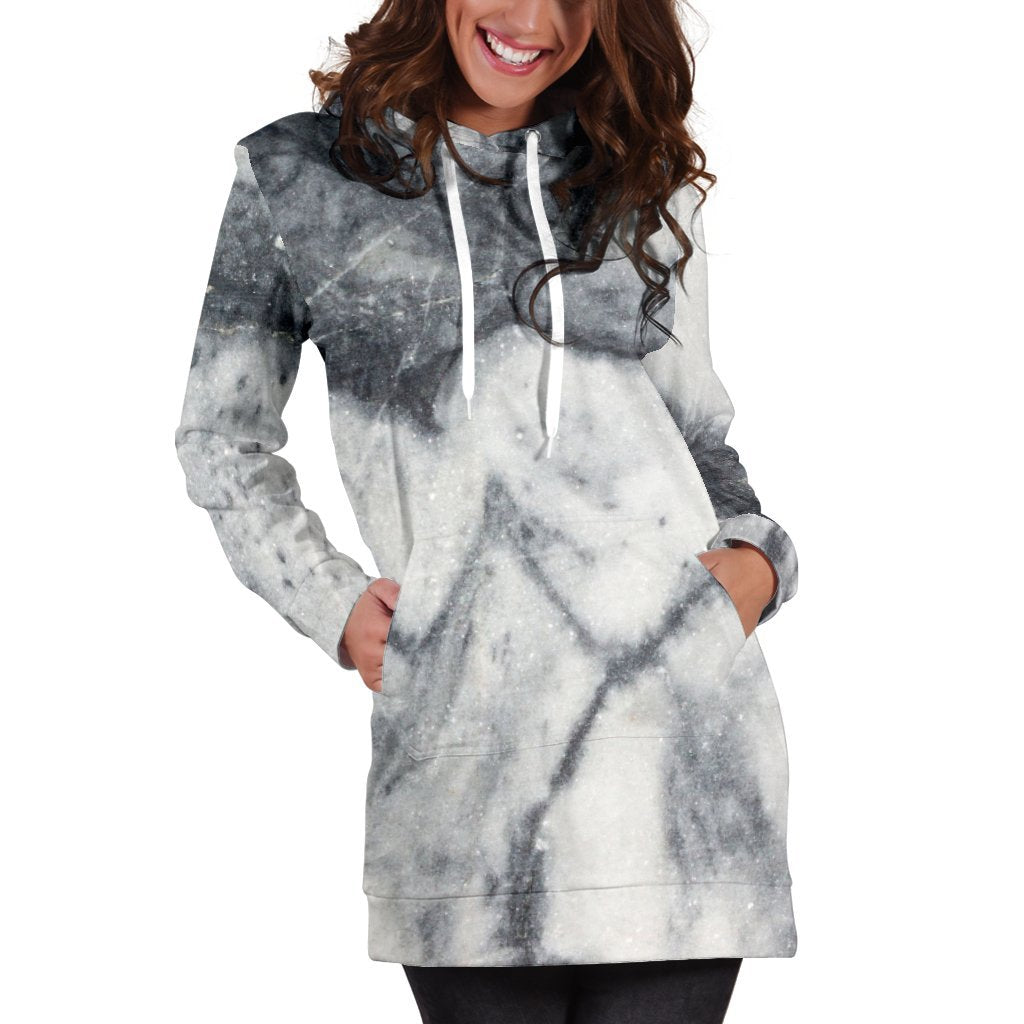 Dark Grey White Marble Print Hoodie Dress GearFrost