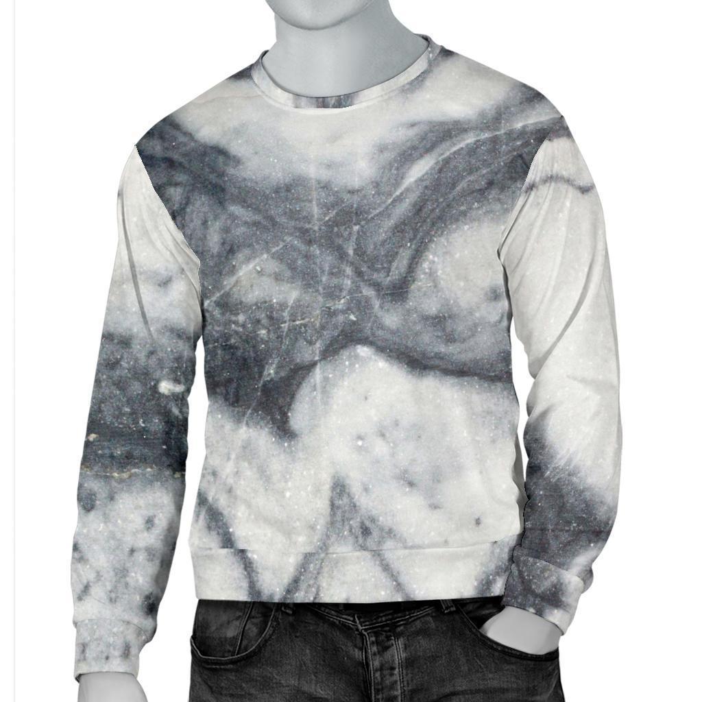 Dark Grey White Marble Print Men's Crewneck Sweatshirt GearFrost