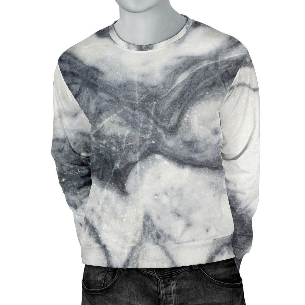 Dark Grey White Marble Print Men's Crewneck Sweatshirt GearFrost