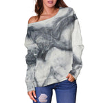 Dark Grey White Marble Print Off Shoulder Sweatshirt GearFrost