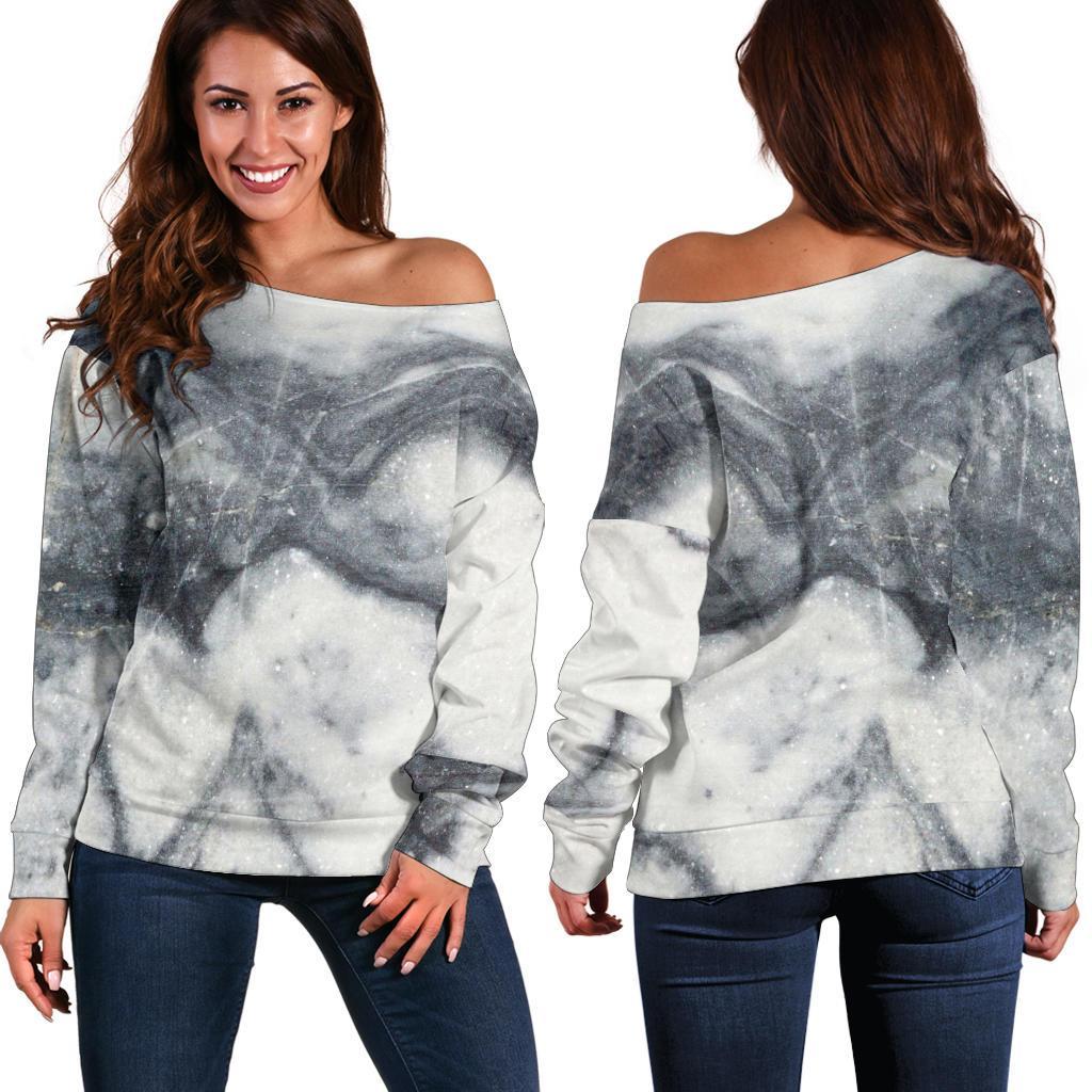 Dark Grey White Marble Print Off Shoulder Sweatshirt GearFrost