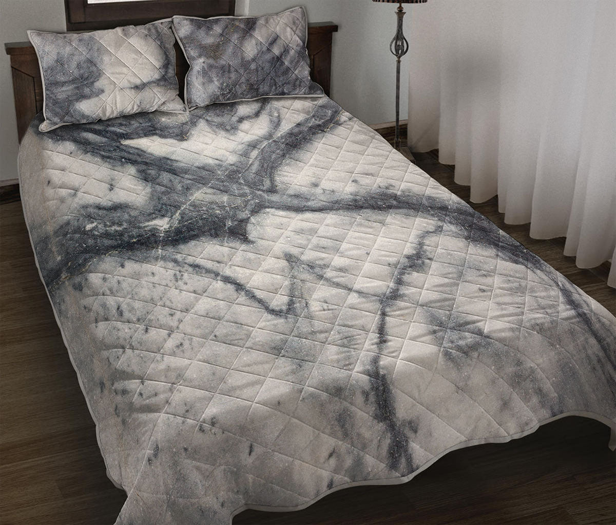 Dark Grey White Marble Print Quilt Bed Set