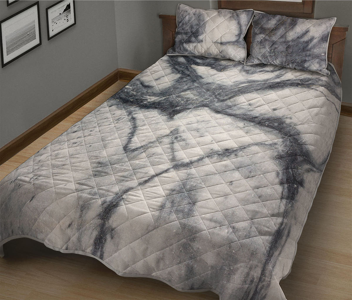 Dark Grey White Marble Print Quilt Bed Set