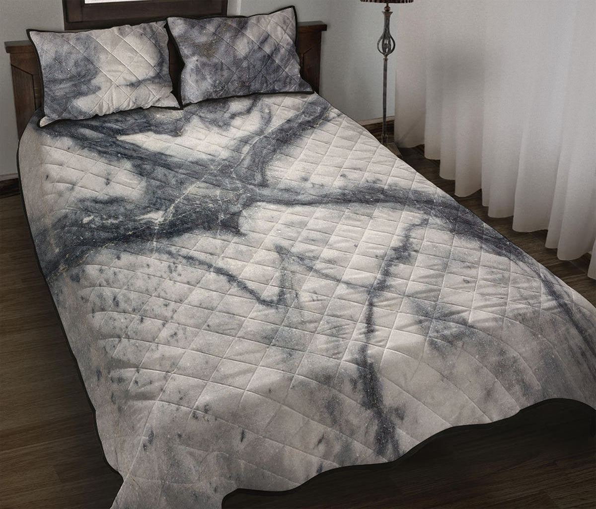 Dark Grey White Marble Print Quilt Bed Set