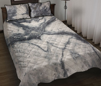 Dark Grey White Marble Print Quilt Bed Set