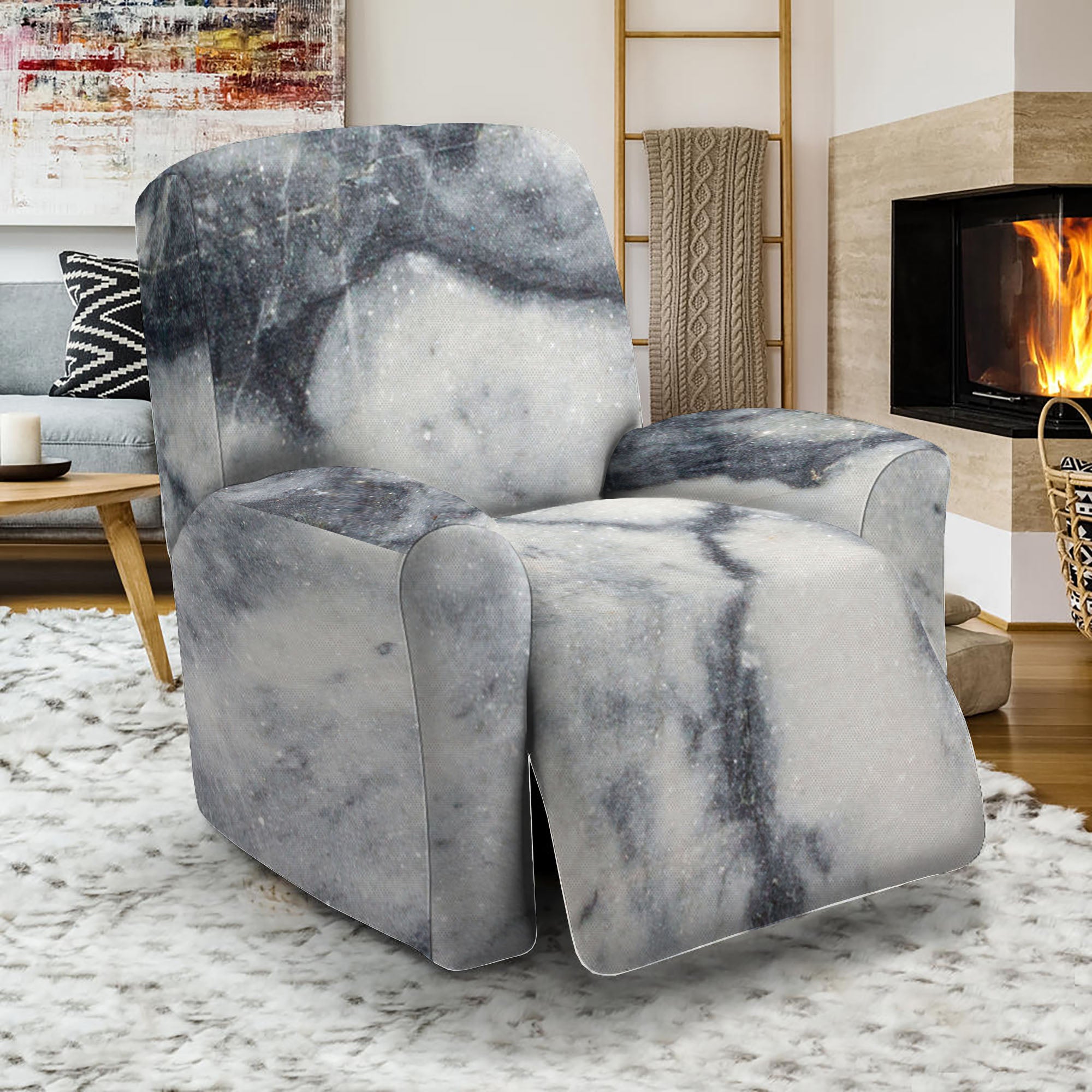 Dark Grey White Marble Print Recliner Slipcover