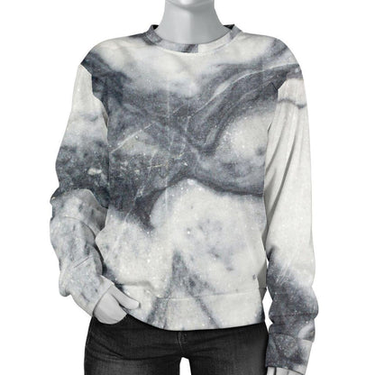 Dark Grey White Marble Print Women's Crewneck Sweatshirt GearFrost