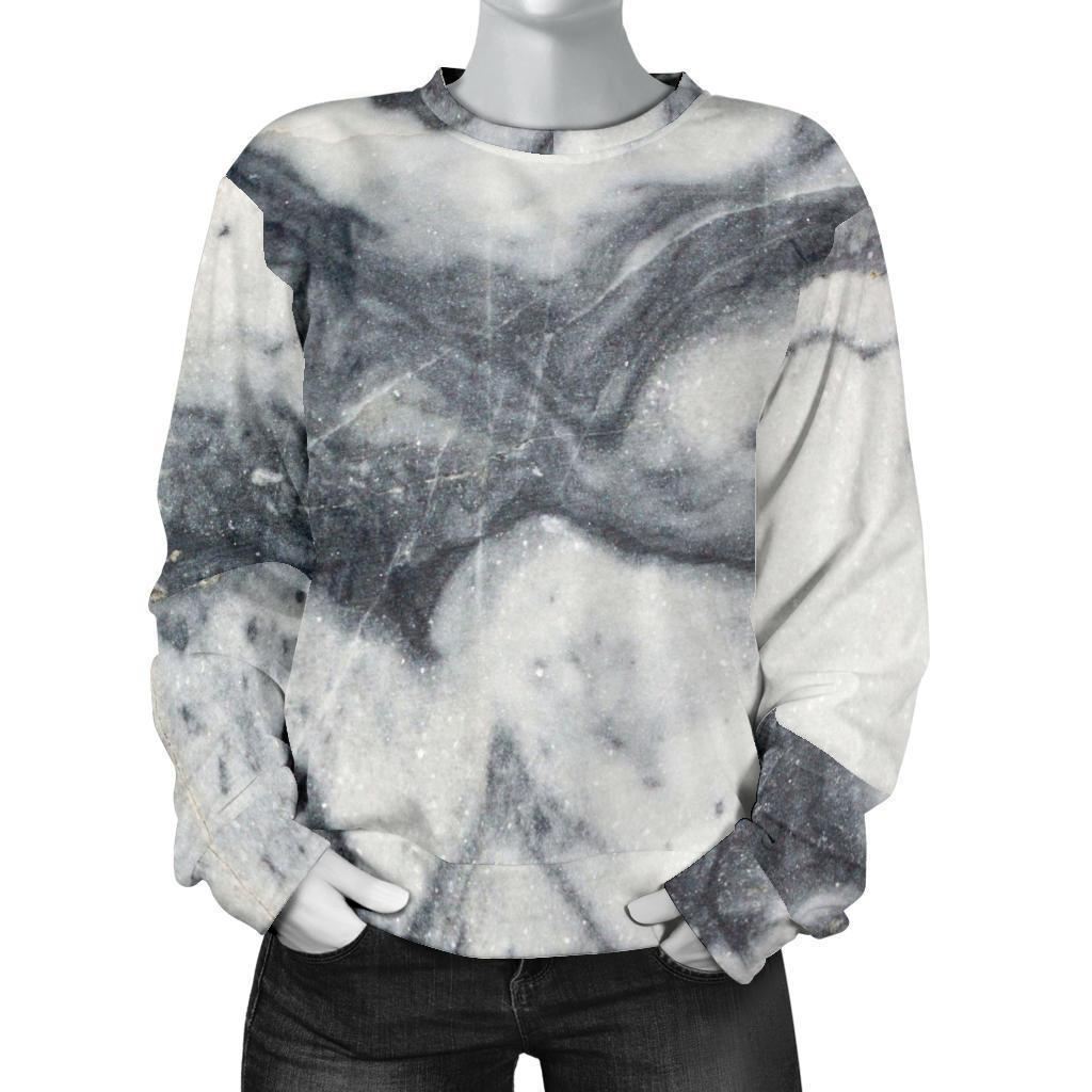 Dark Grey White Marble Print Women's Crewneck Sweatshirt GearFrost