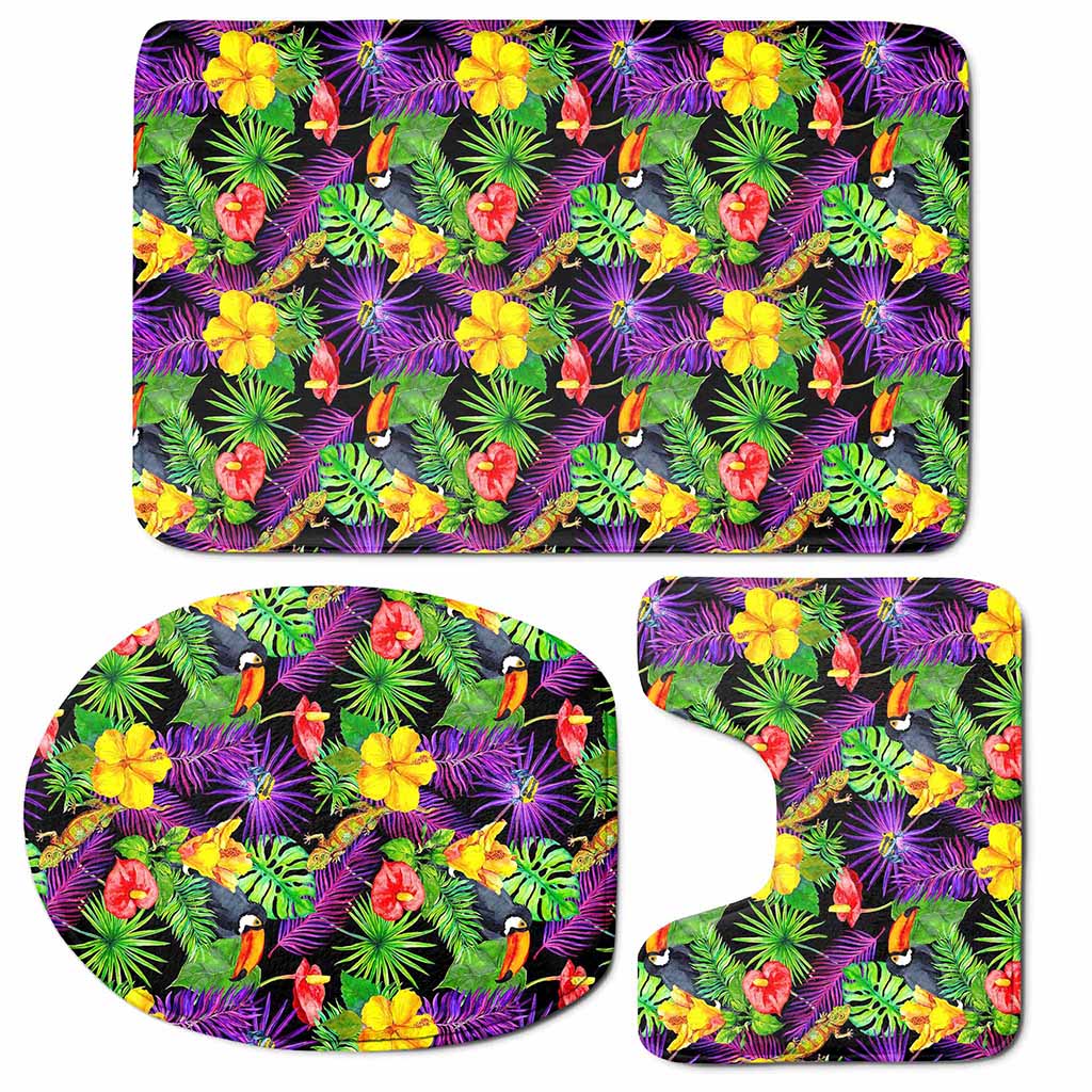 Dark Hawaiian Tropical Pattern Print 3 Piece Bath Mat Set