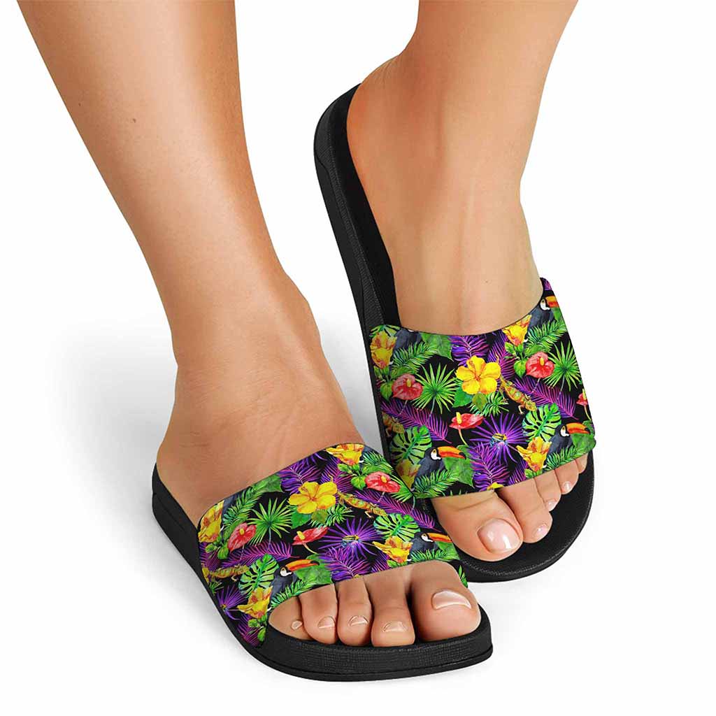 Dark Hawaiian Tropical Pattern Print Black Slide Sandals