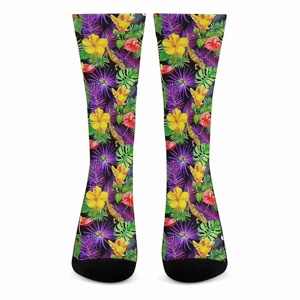 Dark Hawaiian Tropical Pattern Print Crew Socks