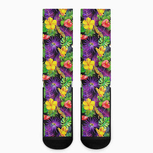 Dark Hawaiian Tropical Pattern Print Crew Socks