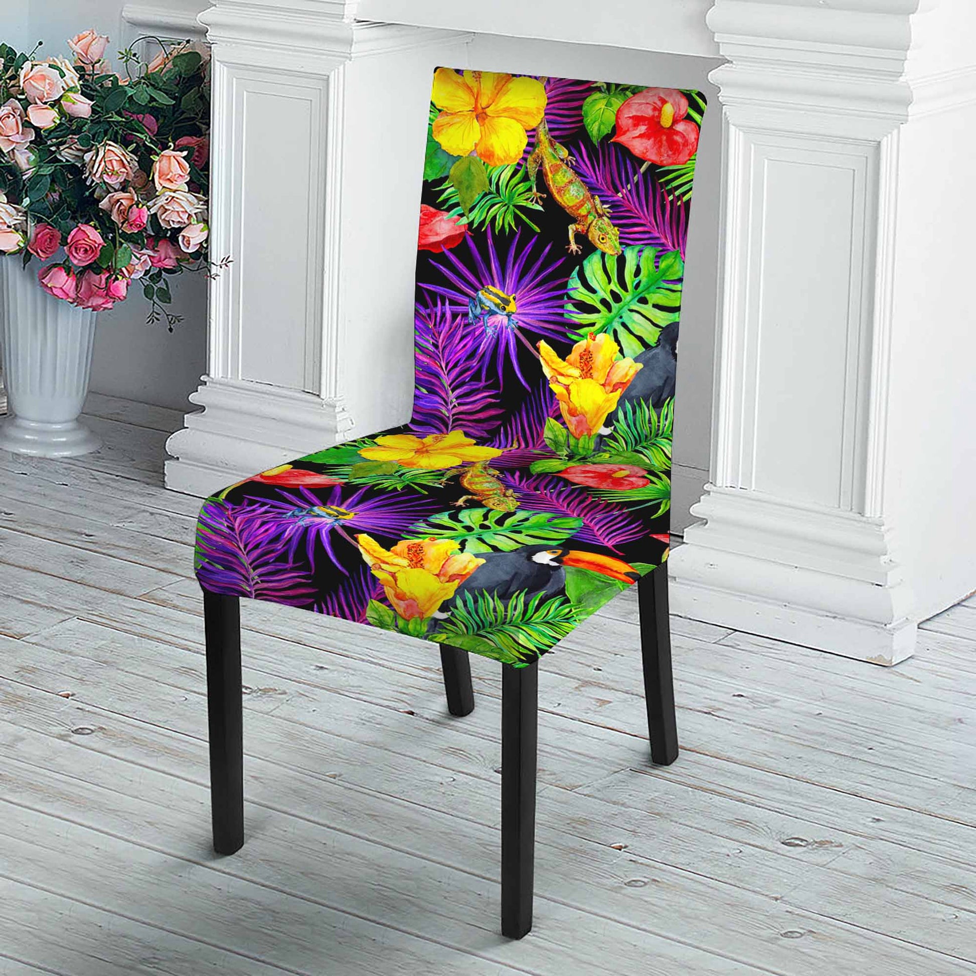 Dark Hawaiian Tropical Pattern Print Dining Chair Slipcover
